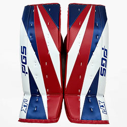 PGS XT1 Goalie Hockey Pads Front View Red Blue White Design